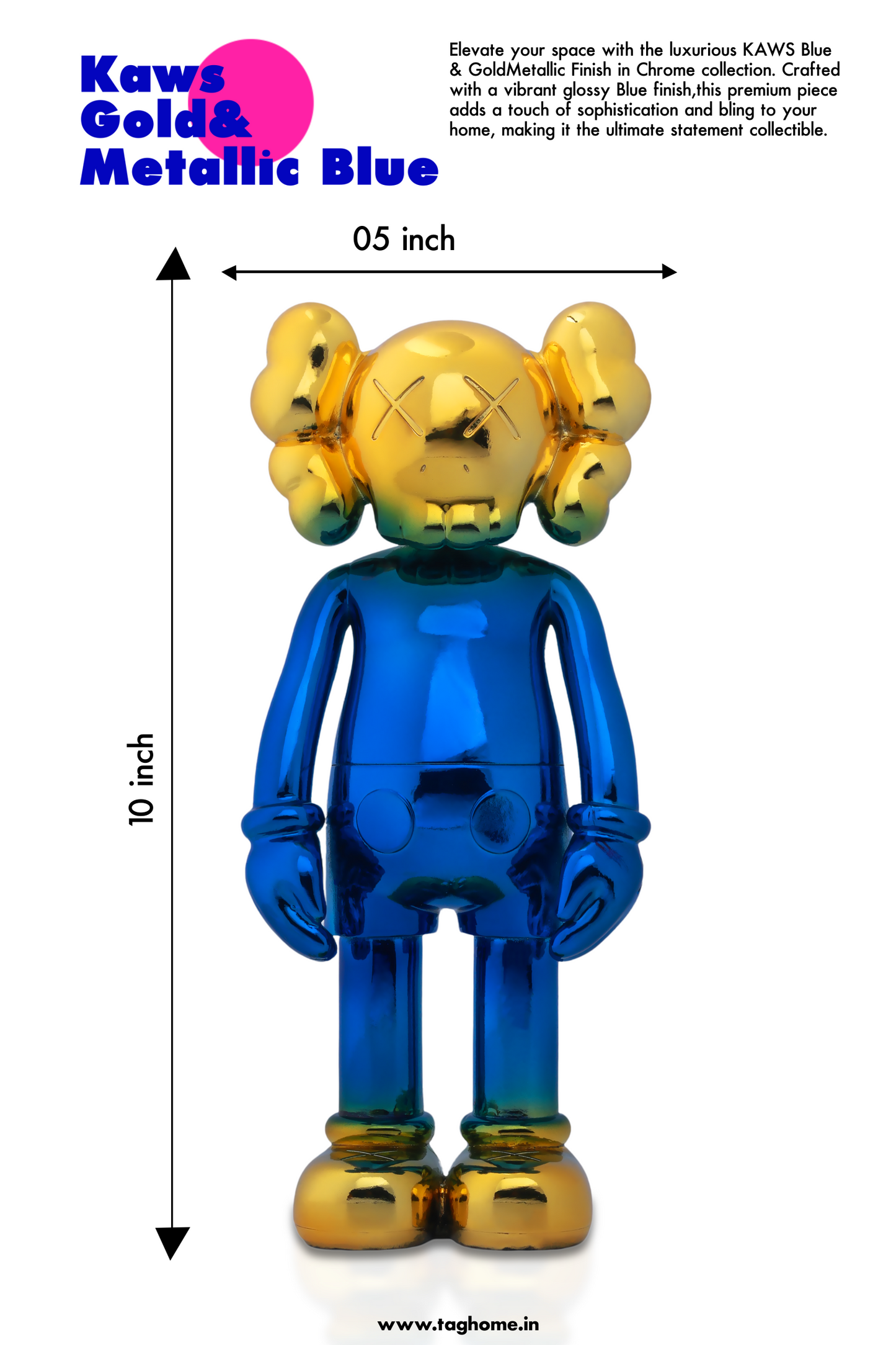 Kaws Sculpture Blue & Gold Pop Art Icon Home Decor (14 x 30 x 8 cm)