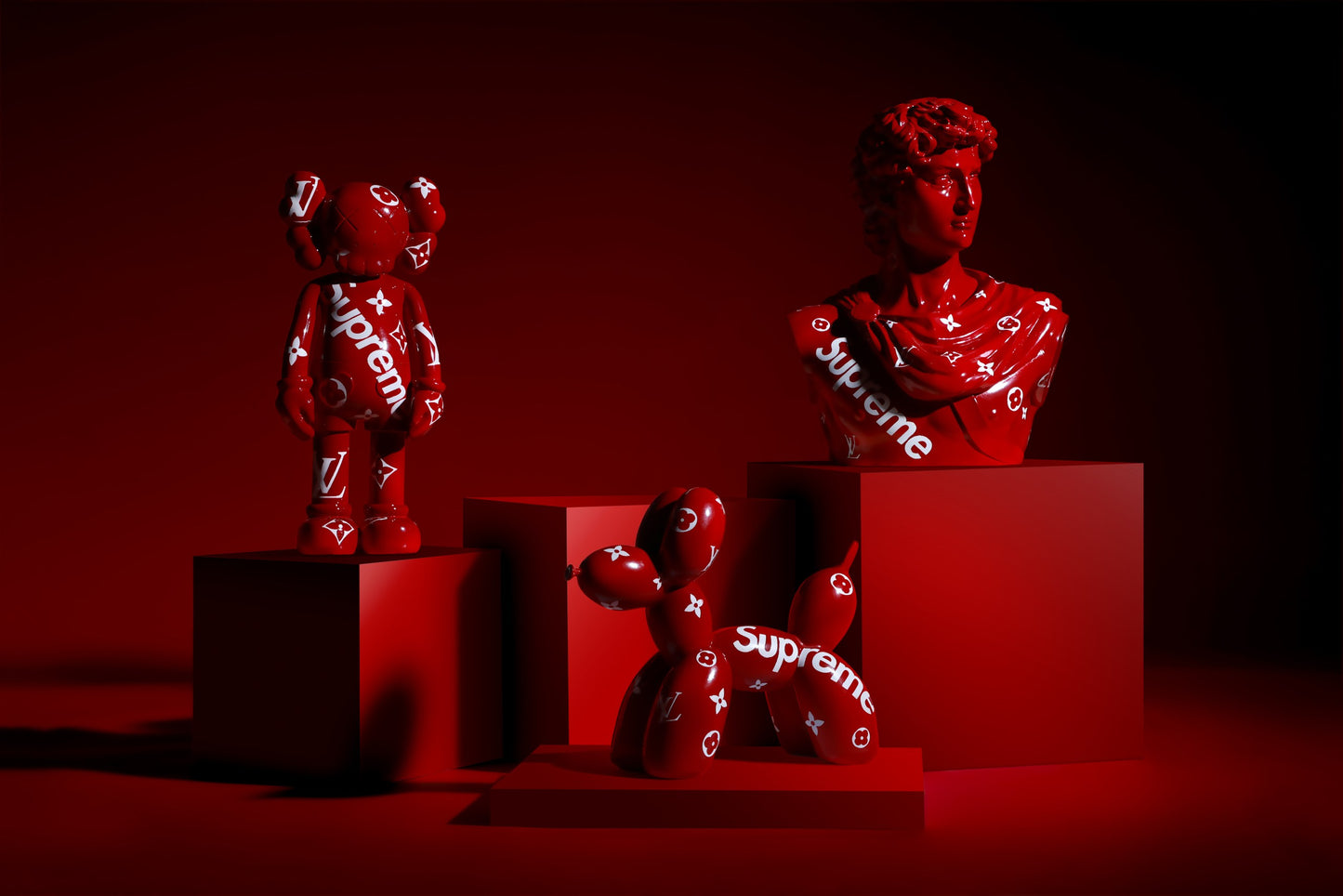 Kaws Sculpture Maroon Louis Vuitton x Supreme Collaboration (14 x 30 x 8 cm)