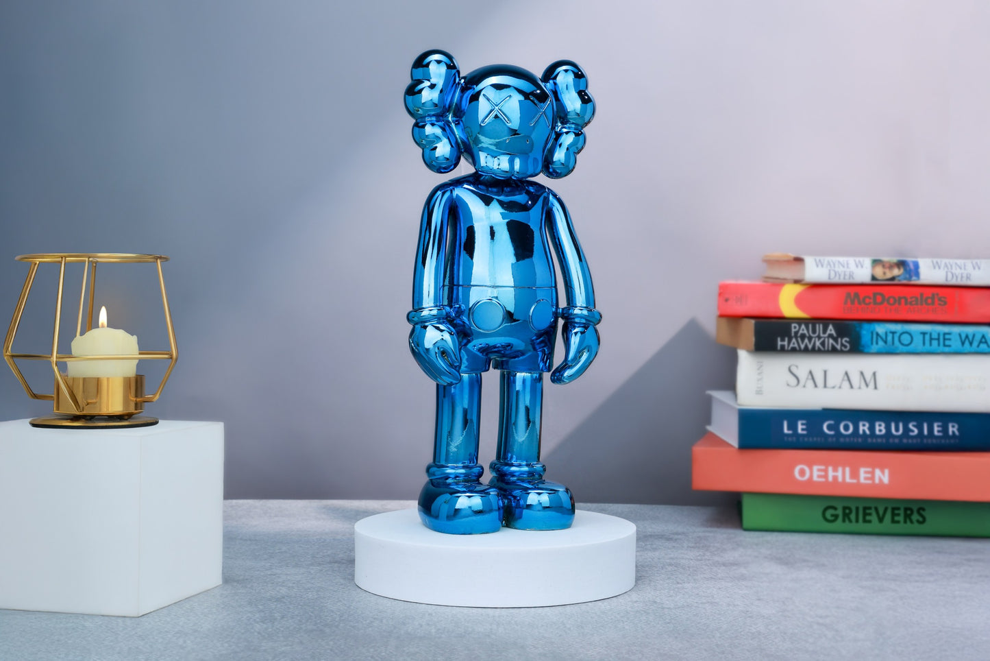 Kaws Sculpture Vibrant Blue Metallic Chrome Collection Home Decor (14 x 30 x 8 cm)