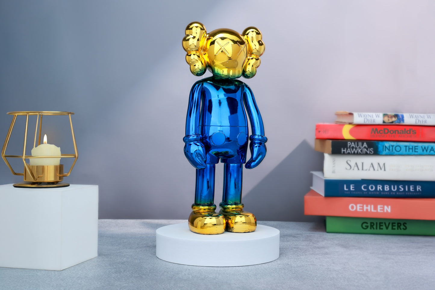 Kaws Sculpture Blue & Gold Pop Art Icon Home Decor (14 x 30 x 8 cm)