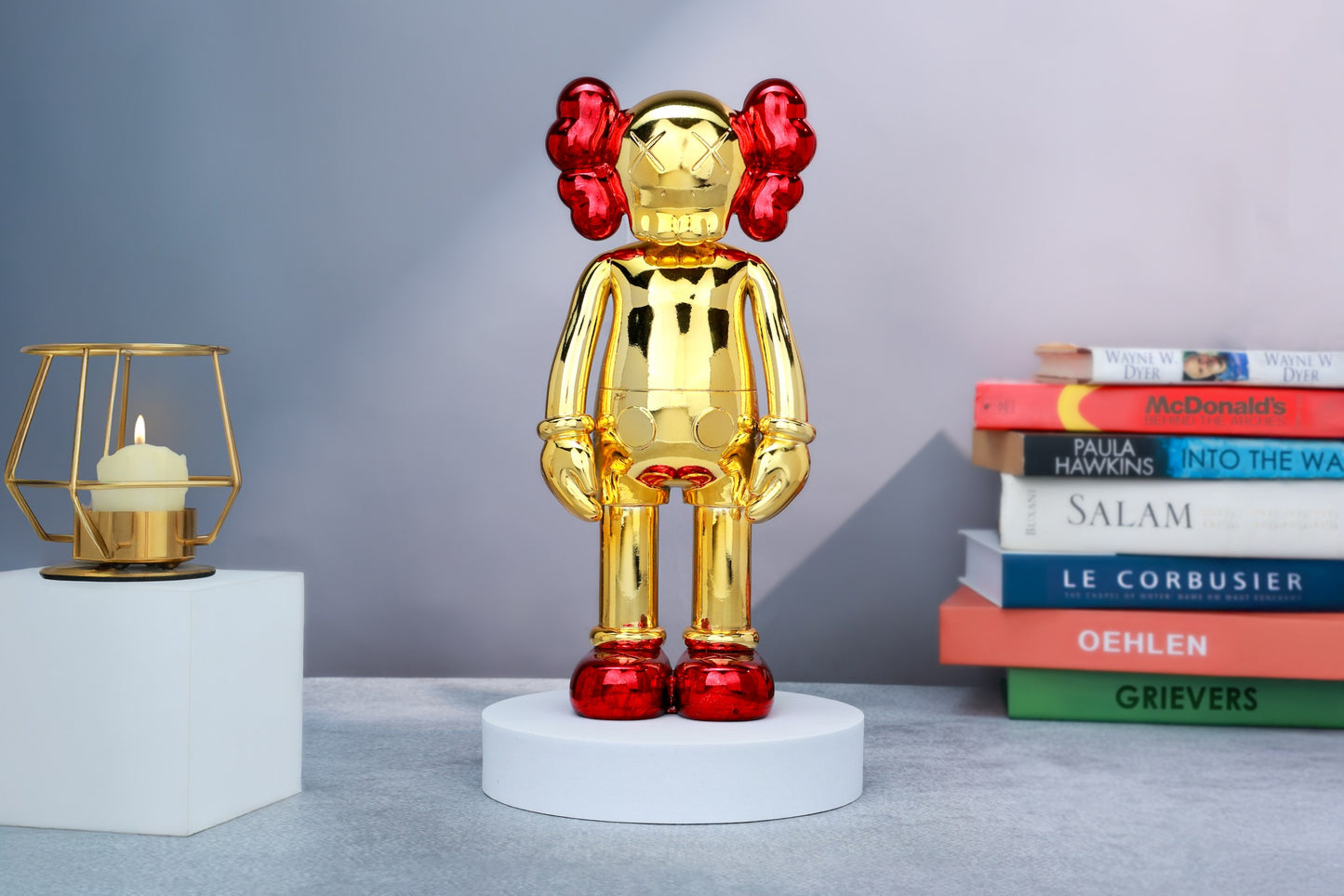 Kaws Sculpture Chrome Gold with Red Metallic Accents Home Decor (14 x 30 x 8 cm)