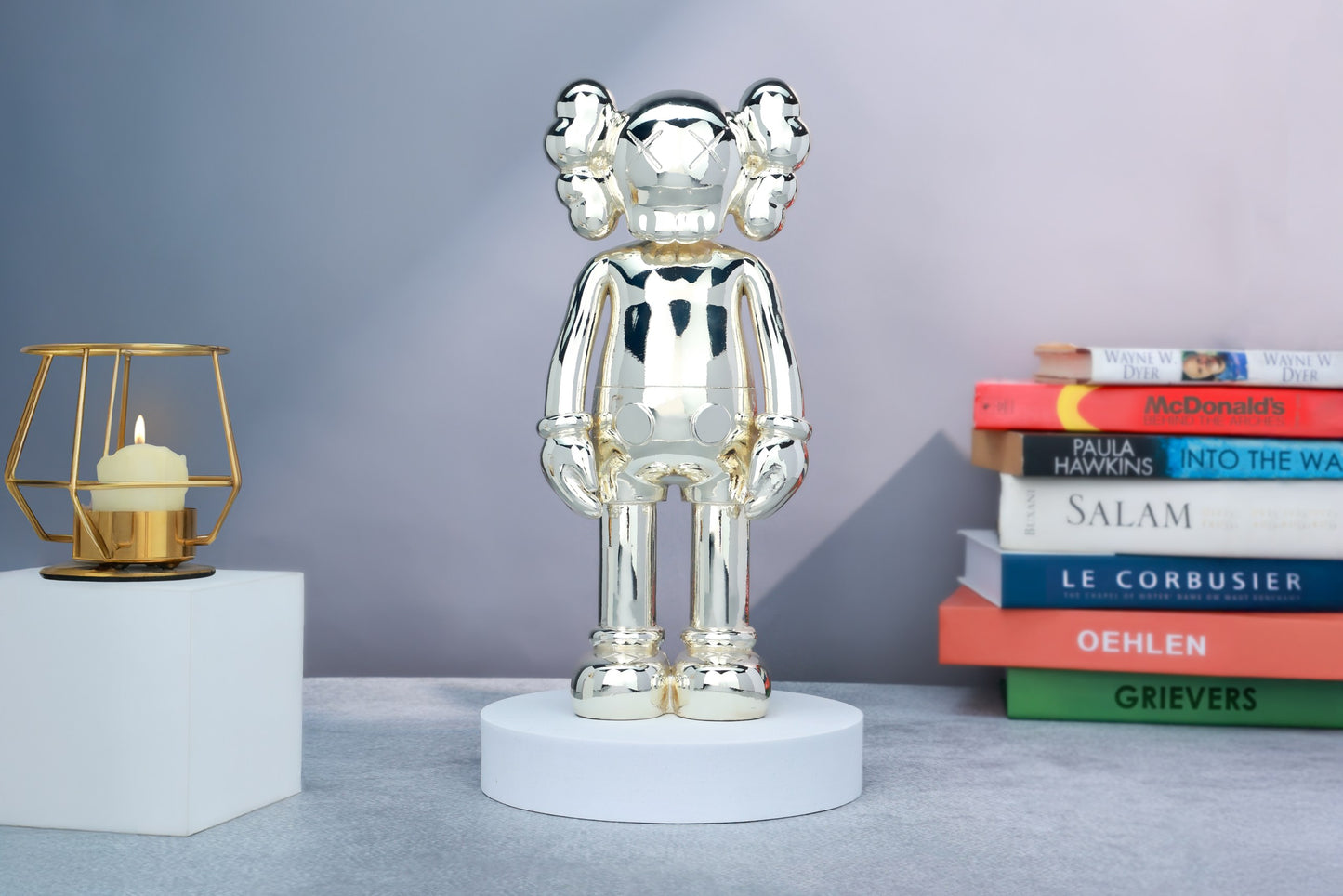 Kaws Sculpture Metallic Silver Chrome Collection Home Decor (14 x 30 x 8 cm)
