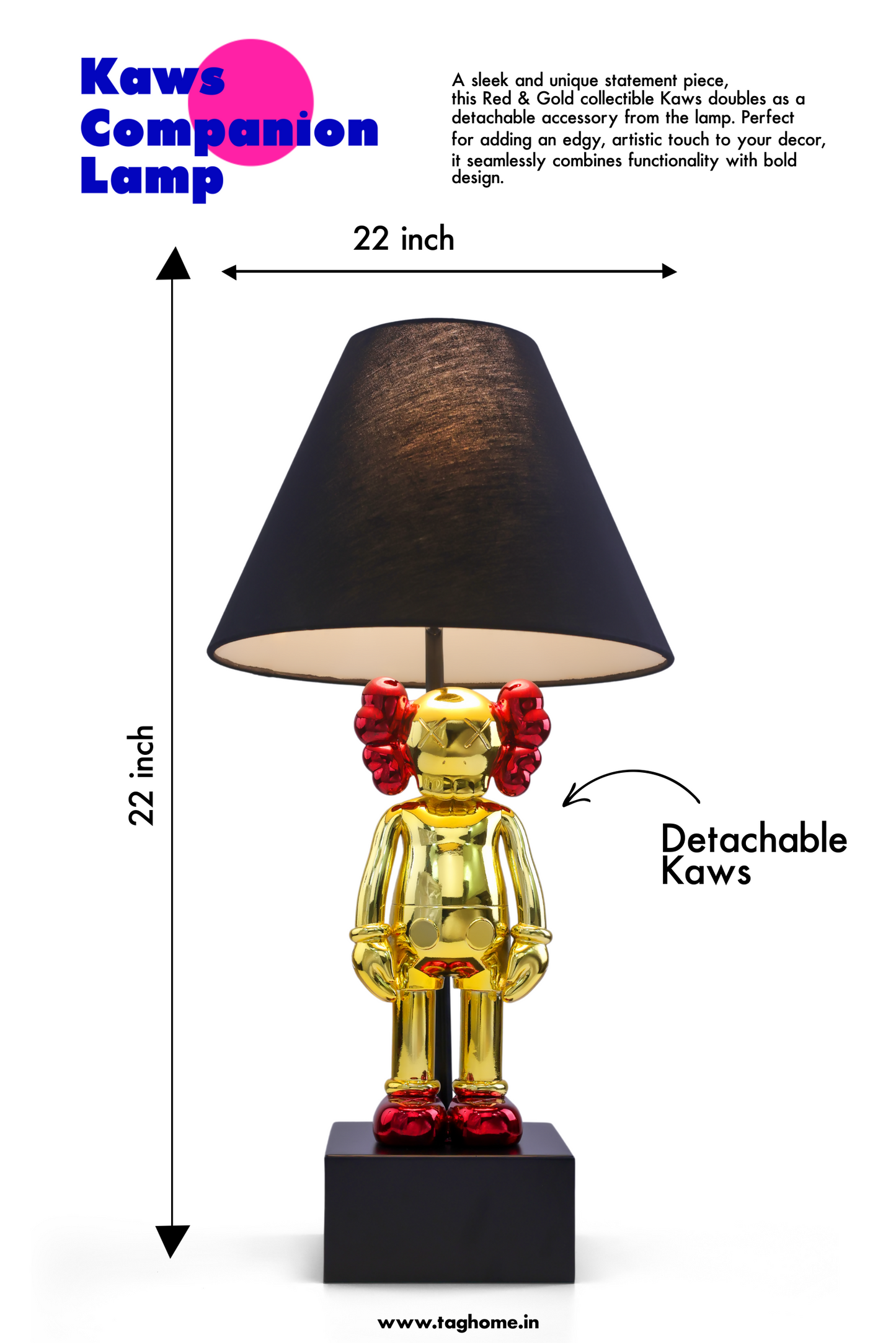 Kaws-Inspired Table Lamp with Gold Chrome Body & Metallic Red Kaws Sculptures