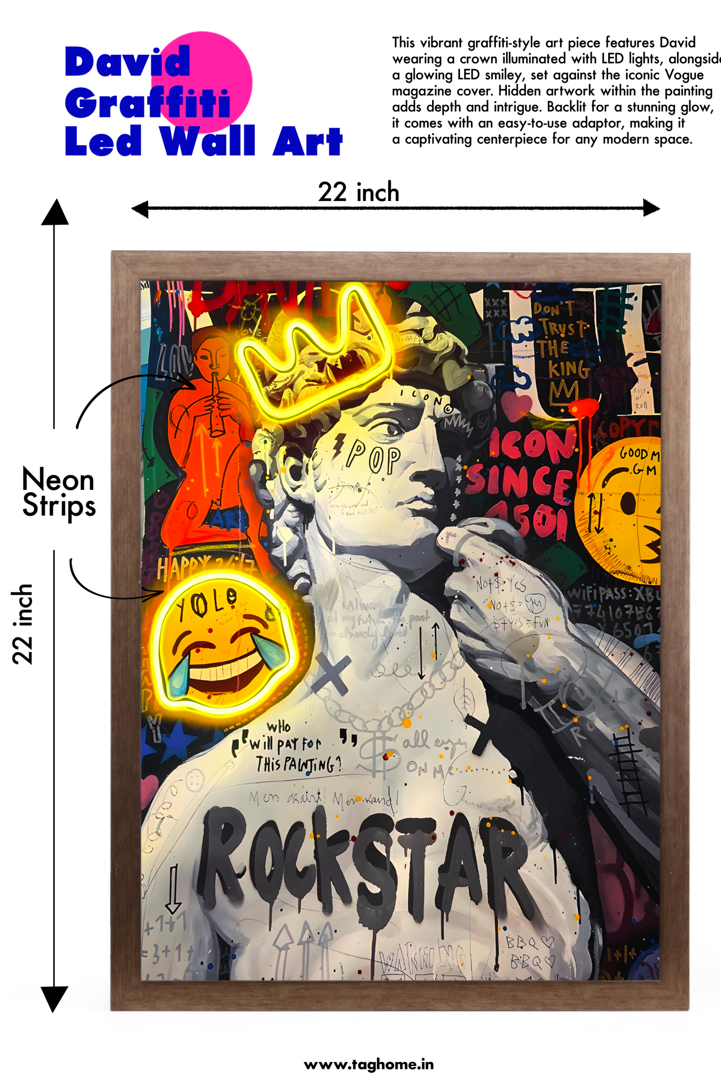 Michelangelo's David Graffiti Wall Art with LED Lights – Home Decor (50 x 65 x 5 cm)