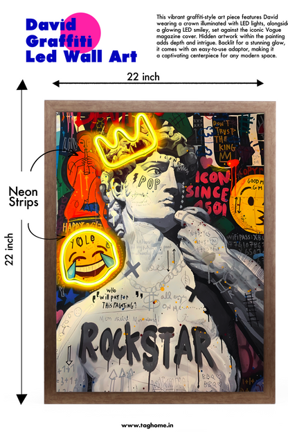 Michelangelo's David Graffiti Wall Art with LED Lights – Home Decor (50 x 65 x 5 cm)