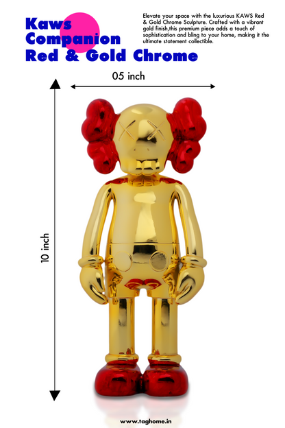 Kaws Sculpture Chrome Gold with Red Metallic Accents Home Decor (14 x 30 x 8 cm)