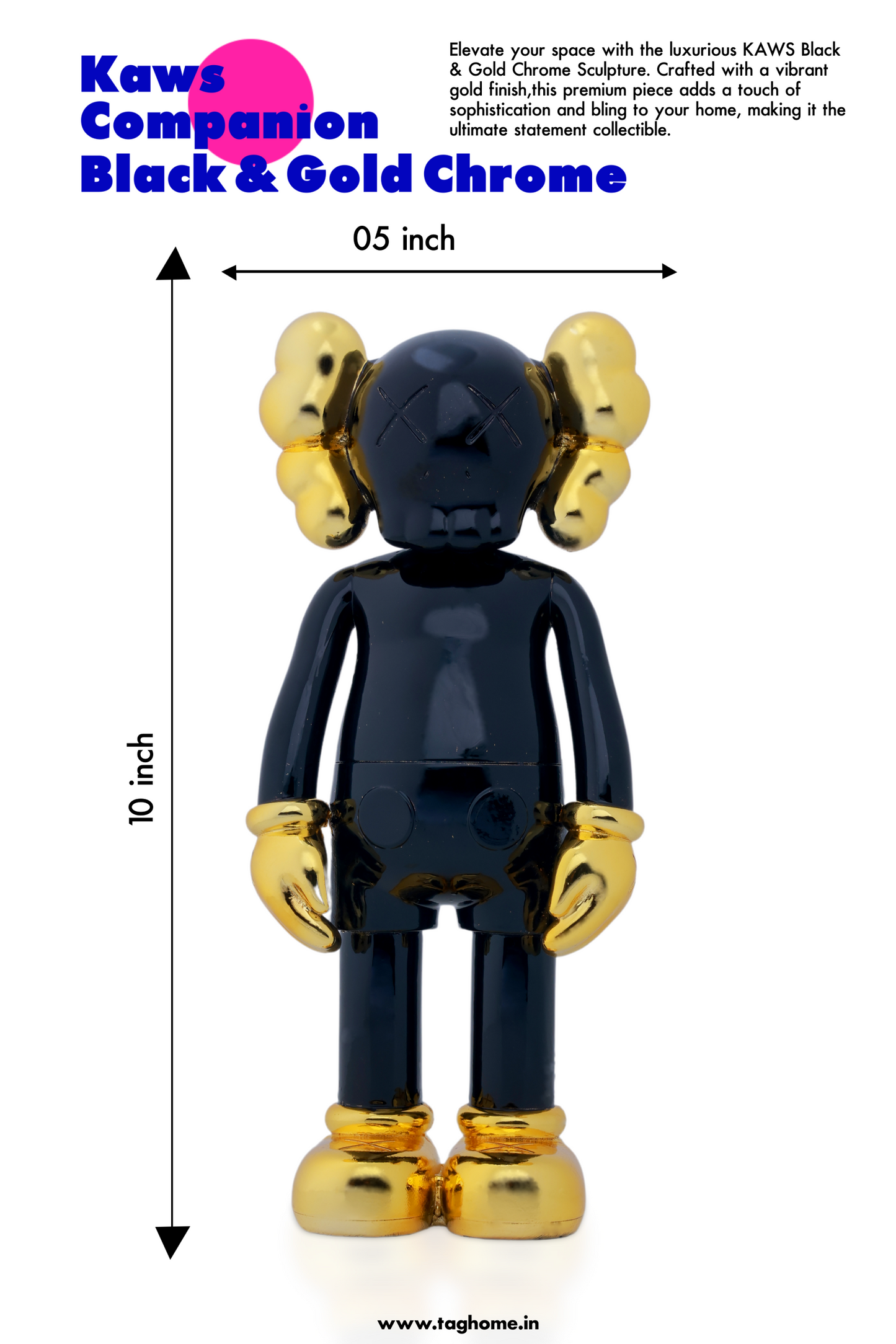 Kaws Sculpture Metallic Black with Gold Chrome Accents Home Decor (14 x 30 x 8 cm)