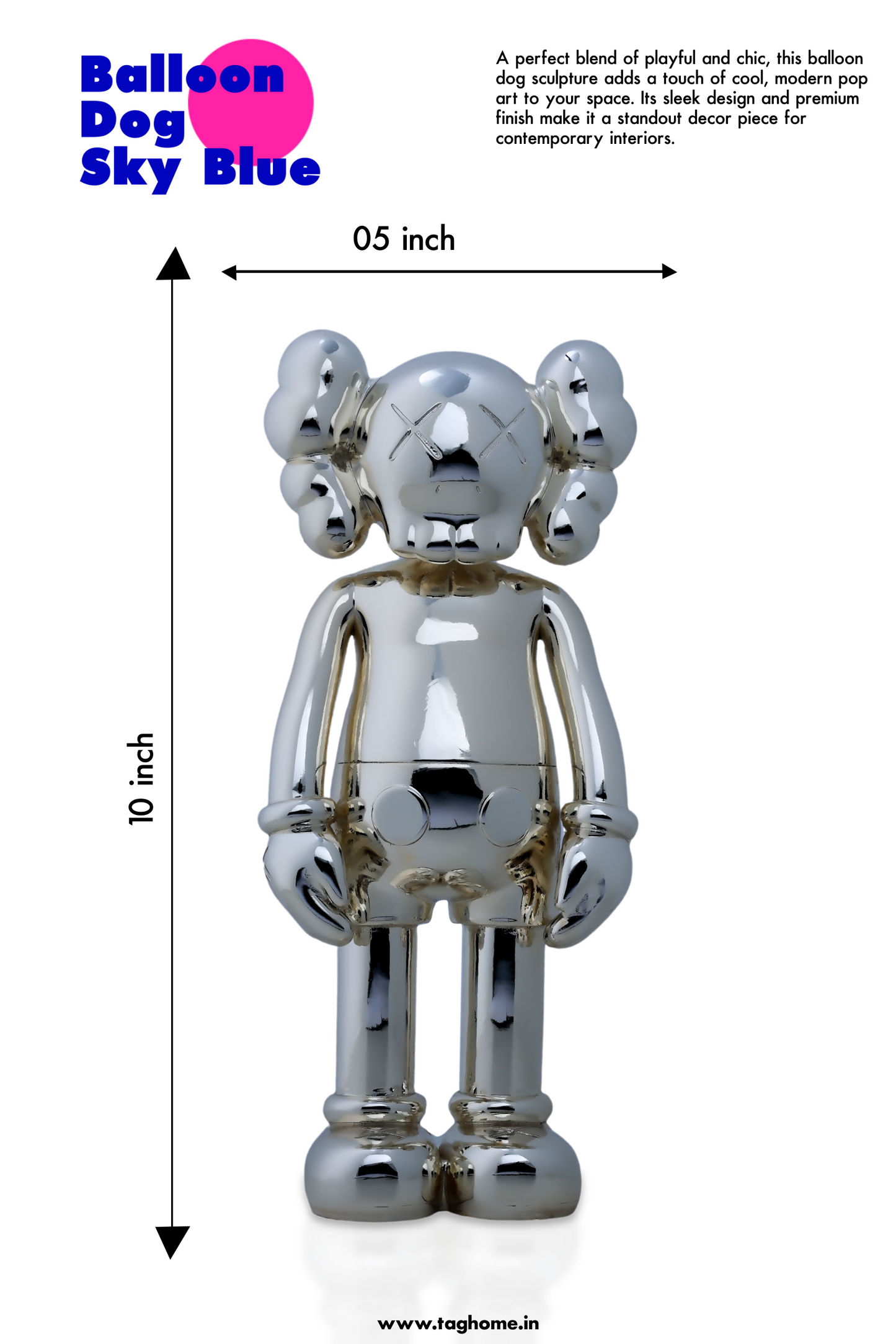 Kaws Sculpture Metallic Silver Chrome Collection Home Decor (14 x 30 x 8 cm)