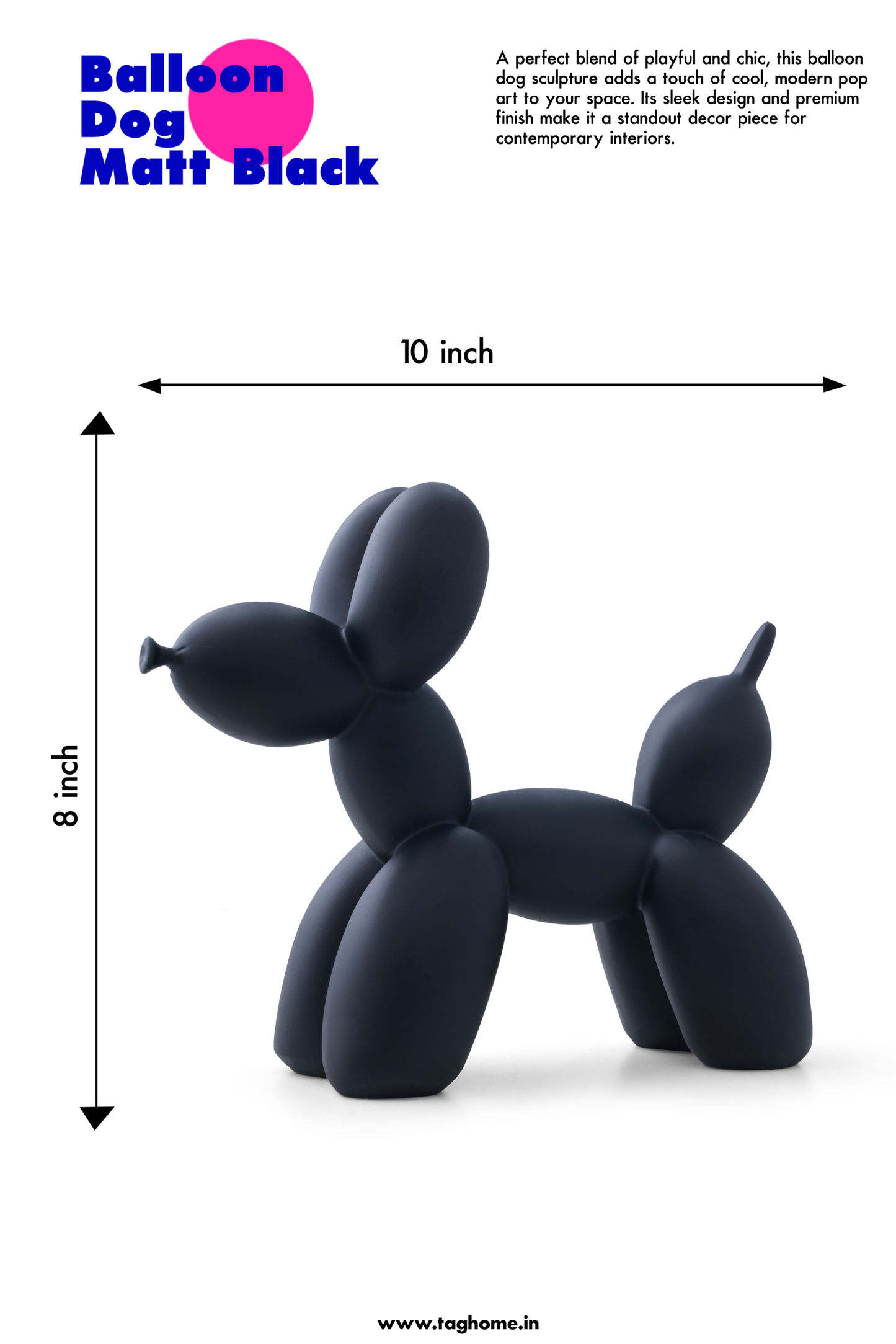 Balloon Dog Black Matte Home Decor Sculpture (20 x 18 x 9 cm)