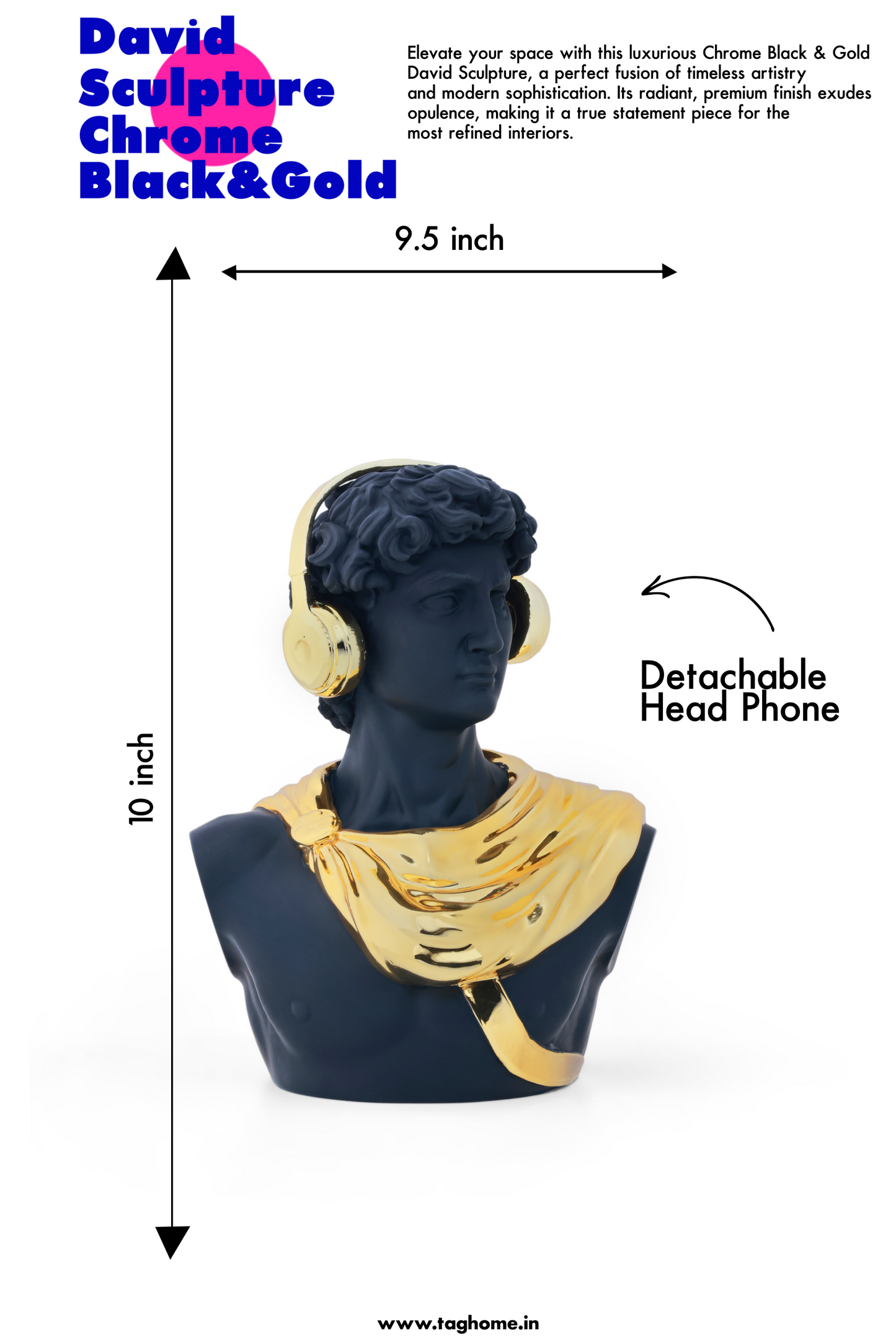 Michelangelo's David Black & Gold Chrome Home Decor Sculpture (26 x 30 x 17 cm)