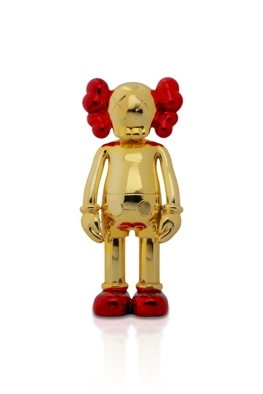 Kaws Sculpture Chrome Gold with Red Metallic Accents Home Decor (14 x 30 x 8 cm)