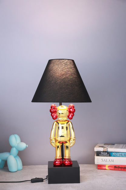 Kaws-Inspired Table Lamp with Gold Chrome Body & Metallic Red Kaws Sculptures