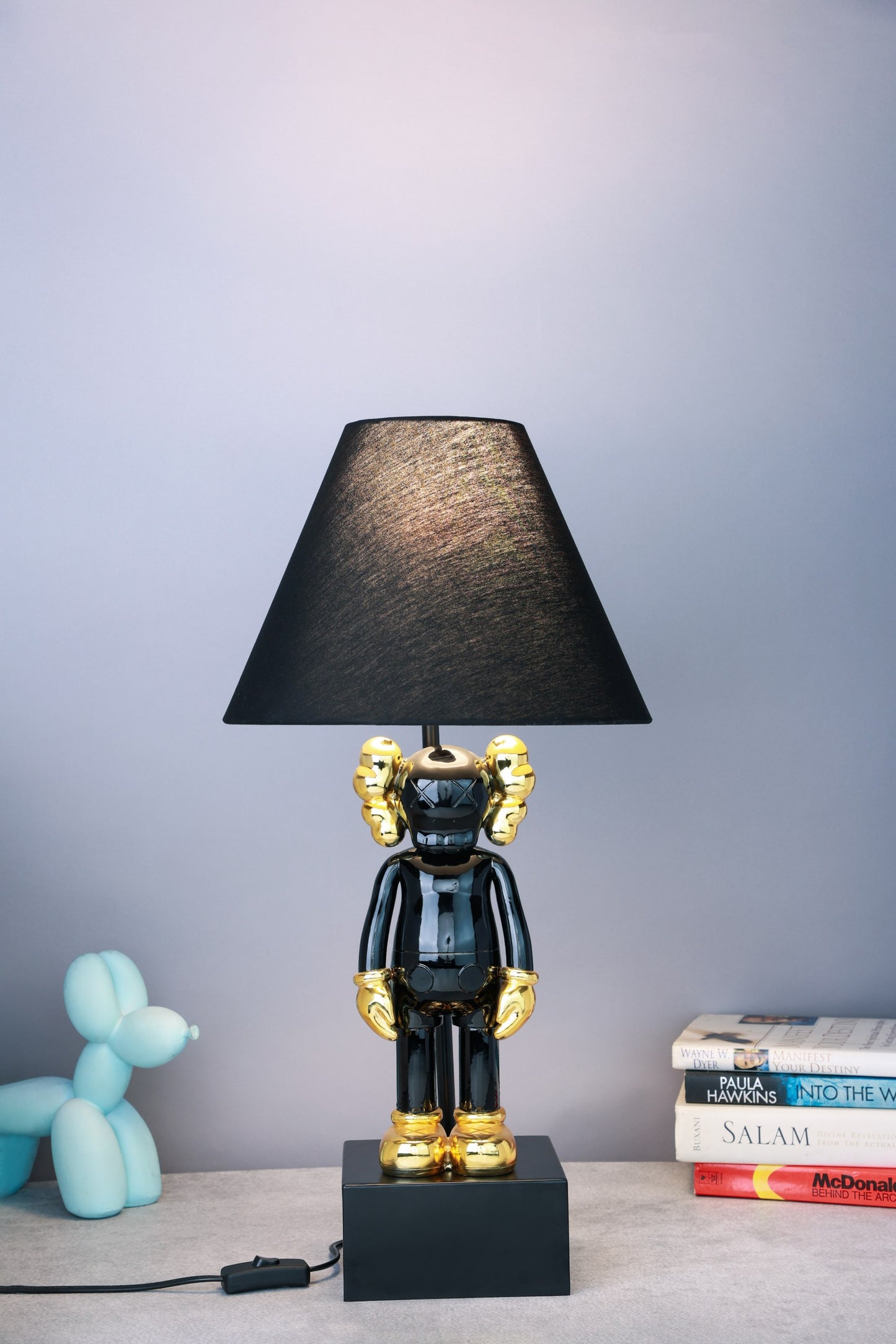 Kaws-Inspired Table Lamp with Glossy Metallic Black & Gold-Plated Kaws Sculpture