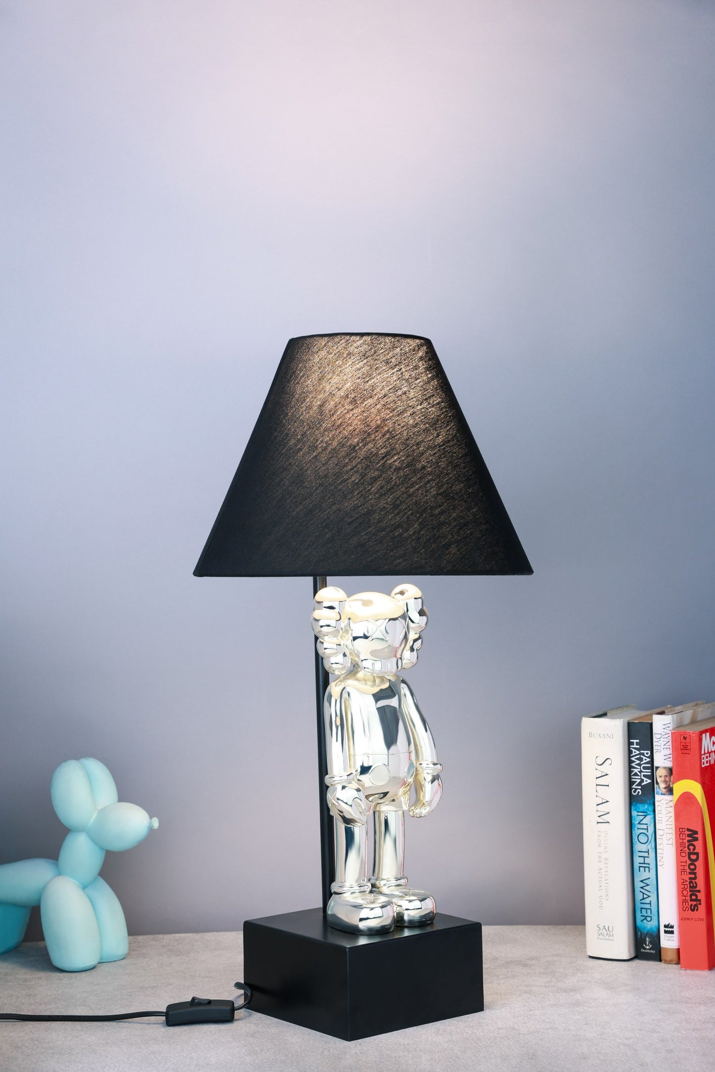 Kaws-Inspired Table Lamp with Silver-Plated Kaws Sculptures (30 x 61 x 30 cm)