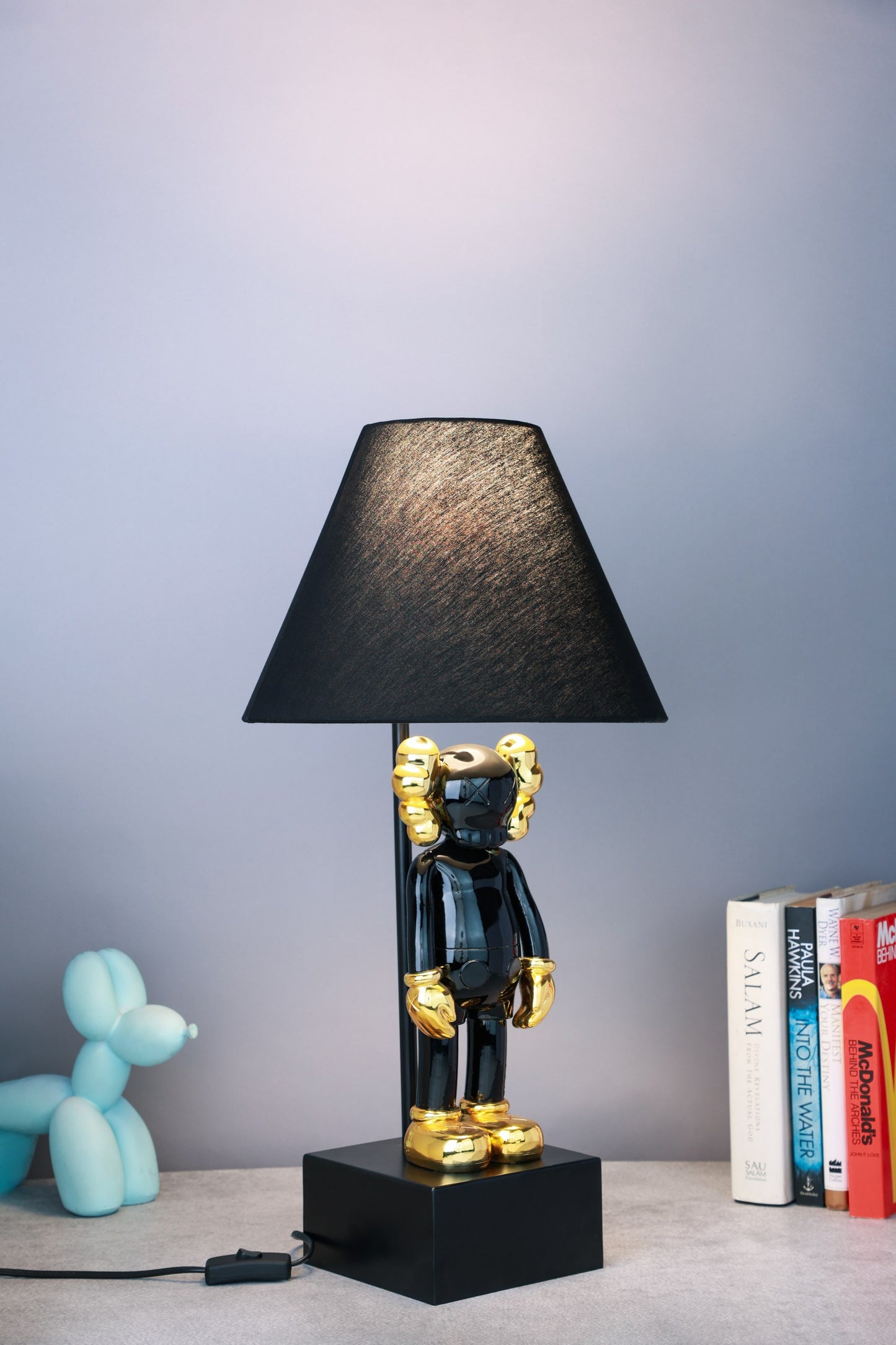 Kaws-Inspired Table Lamp with Glossy Metallic Black & Gold-Plated Kaws Sculpture