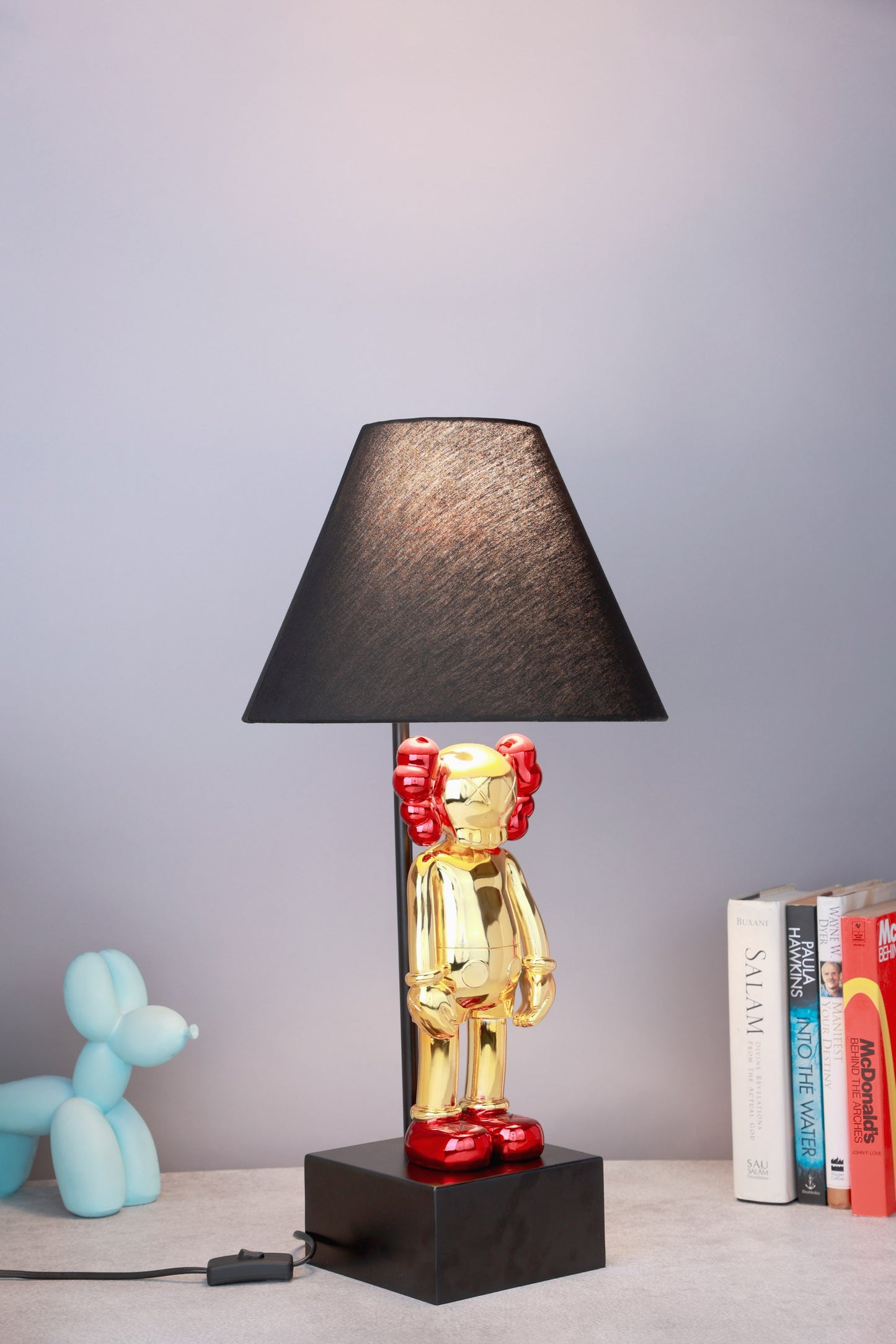 Kaws-Inspired Table Lamp with Gold Chrome Body & Metallic Red Kaws Sculptures