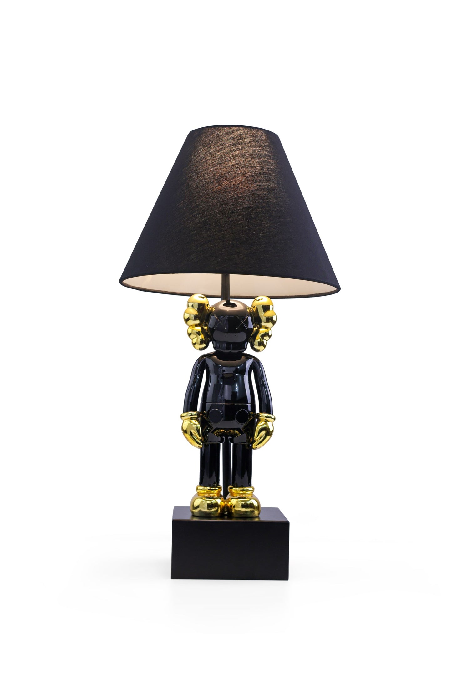 Kaws-Inspired Table Lamp with Glossy Metallic Black & Gold-Plated Kaws Sculpture