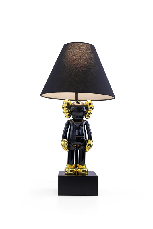 Kaws-Inspired Table Lamp with Glossy Metallic Black & Gold-Plated Kaws Sculpture