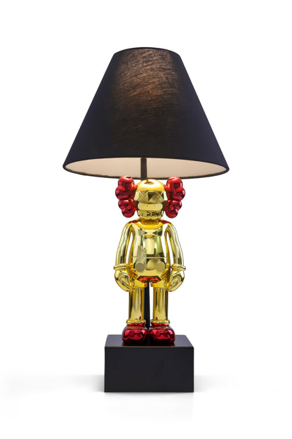Kaws-Inspired Table Lamp with Gold Chrome Body & Metallic Red Kaws Sculptures