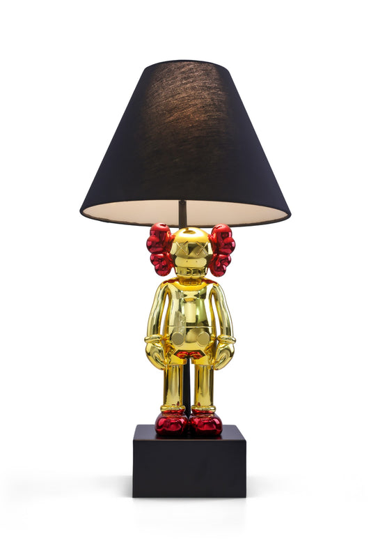 Kaws-Inspired Table Lamp with Gold Chrome Body & Metallic Red Kaws Sculptures