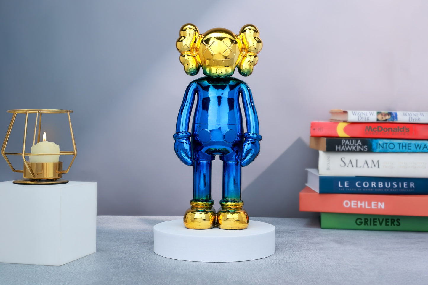 Kaws Sculpture Blue & Gold Pop Art Icon Home Decor (14 x 30 x 8 cm)
