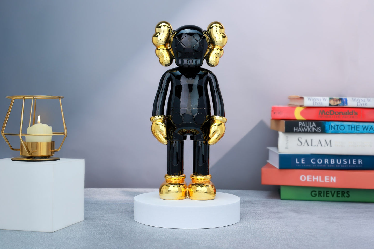 Kaws Sculpture Metallic Black with Gold Chrome Accents Home Decor (14 x 30 x 8 cm)