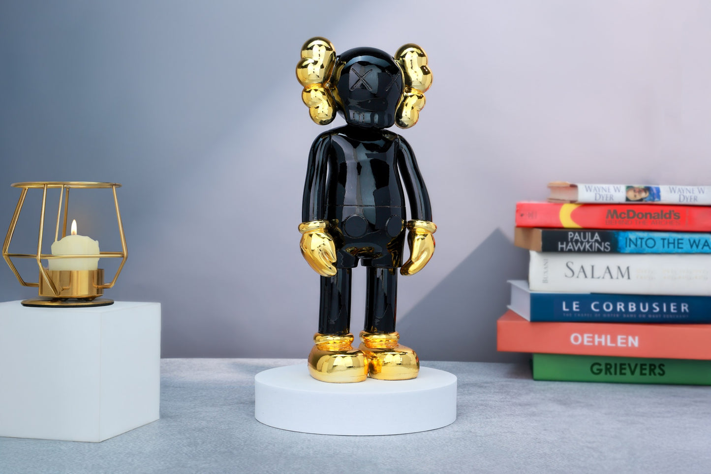 Kaws Sculpture Metallic Black with Gold Chrome Accents Home Decor (14 x 30 x 8 cm)