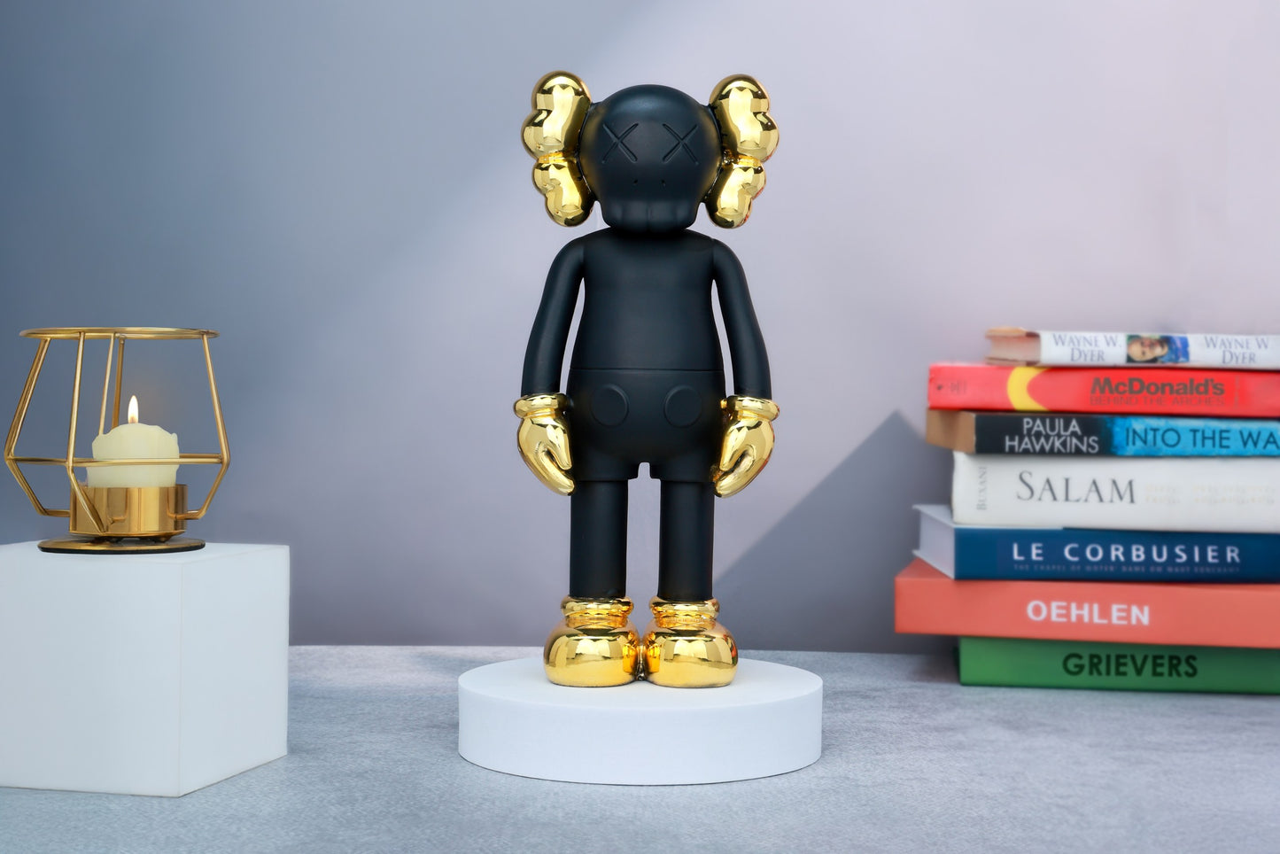 Kaws Sculpture Matte Black with Gold Chrome Accents Home Decor (14 x 30 x 8 cm)
