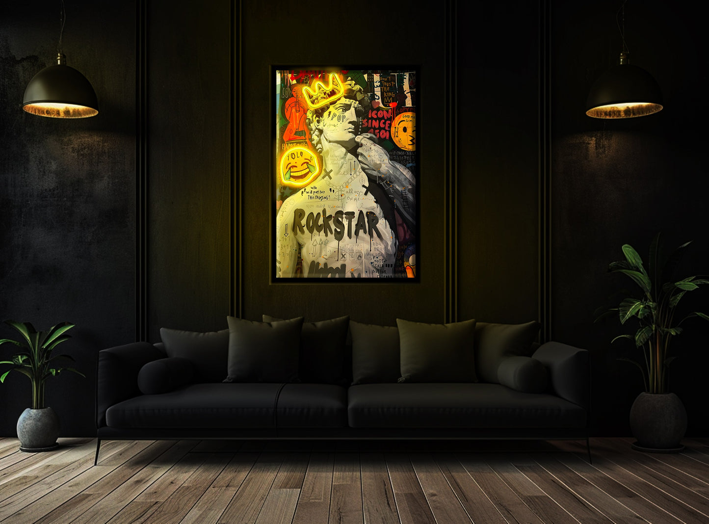 Michelangelo's David Graffiti Wall Art with LED Lights – Home Decor (50 x 65 x 5 cm)